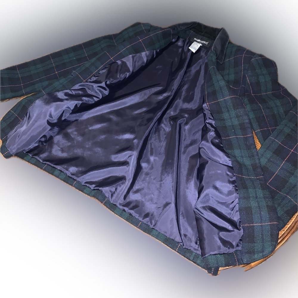 Vintage Wool Navy Green Structured Plaid Women’s Blazer Jacket Coat 8 Petite - Picture 8 of 10